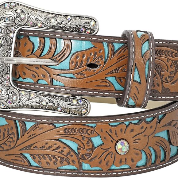 Western Belts for Women Cowgirl Cowboy Country Belt Turquoise Rhinestone Leather